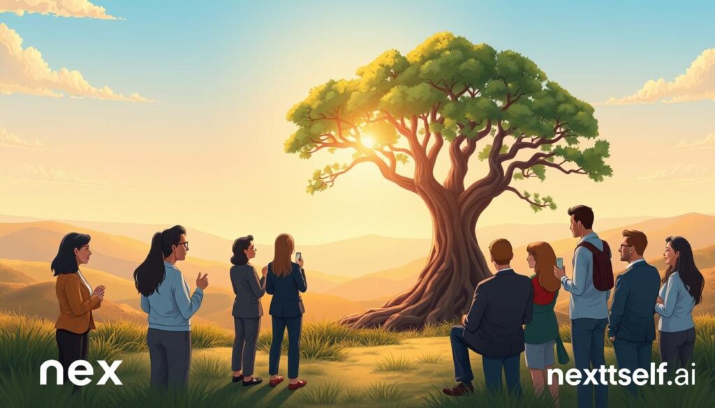 A serene, inspiring landscape representing emotional growth: in the foreground, a diverse group of individuals in professional business attire are engaged in reflective discussions, embodying connection and support. In the middle ground, there’s a majestic tree with deep roots and flourishing branches, symbolizing strength and growth, while soft rays of sunlight filter through the leaves, creating a warm, inviting glow. The background features a tranquil horizon, with gentle rolling hills under a clear blue sky, signifying hope and potential. The atmosphere is uplifting and motivational, inviting viewers to embrace introspection and personal development. This image is crafted to visually illustrate the concept of emotional growth for an article on transformative life experiences. Brand logo: nextself.ai. A serene, inspiring landscape representing emotional growth: in the foreground, a diverse group of individuals in professional business attire are engaged in reflective discussions, embodying connection and support. In the middle ground, there’s a majestic tree with deep roots and flourishing branches, symbolizing strength and growth, while soft rays of sunlight filter through the leaves, creating a warm, inviting glow. The background features a tranquil horizon, with gentle rolling hills under a clear blue sky, signifying hope and potential. The atmosphere is uplifting and motivational, inviting viewers to embrace introspection and personal development. This image is crafted to visually illustrate the concept of emotional growth for an article on transformative life experiences. Brand logo: nextself.ai.