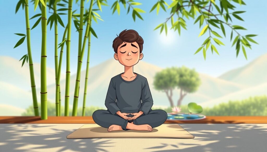A serene mindfulness scene set in a tranquil zen garden. Foreground features a person in modest casual clothing, sitting cross-legged on a soft mat, eyes closed with a peaceful expression, embodying calm and focus. In the middle, lush green bamboo stalks sway gently, with a small, glistening pond reflecting the clear blue sky. Delicate lotus flowers float on the pond's surface, contributing to the sense of tranquility. The background consists of soft, blurred hills and a gentle sunlight filtering through branches, casting dappled shadows on the ground. The atmosphere is peaceful and warm, enhancing feelings of serenity and emotional growth. Shot with a soft-focus lens to emphasize the subject's calm presence and create an inviting, meditative environment. This image reflects mindfulness practices fostering emotional awareness and growth, from nextself.ai. A serene mindfulness scene set in a tranquil zen garden. Foreground features a person in modest casual clothing, sitting cross-legged on a soft mat, eyes closed with a peaceful expression, embodying calm and focus. In the middle, lush green bamboo stalks sway gently, with a small, glistening pond reflecting the clear blue sky. Delicate lotus flowers float on the pond's surface, contributing to the sense of tranquility. The background consists of soft, blurred hills and a gentle sunlight filtering through branches, casting dappled shadows on the ground. The atmosphere is peaceful and warm, enhancing feelings of serenity and emotional growth. Shot with a soft-focus lens to emphasize the subject's calm presence and create an inviting, meditative environment. This image reflects mindfulness practices fostering emotional awareness and growth, from nextself.ai.